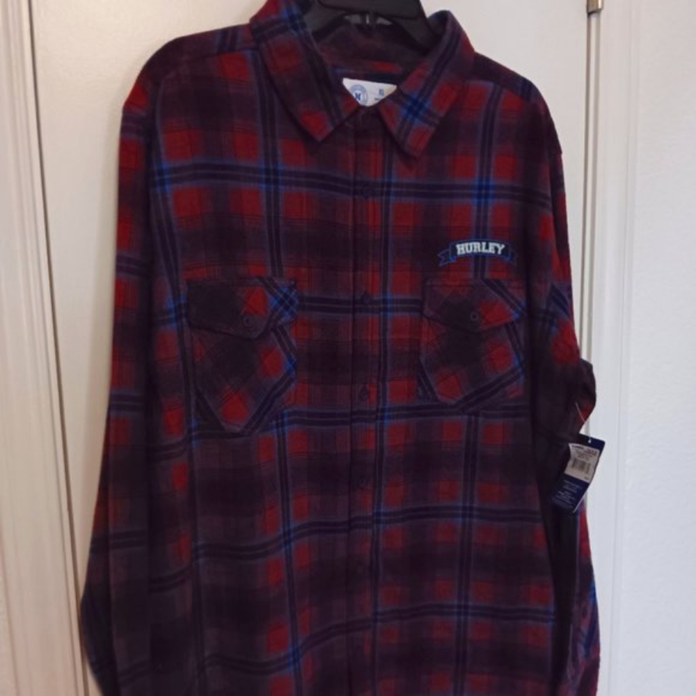 Hurley Flannel Shirt Mens Button Down Plaid Maroon/Red L